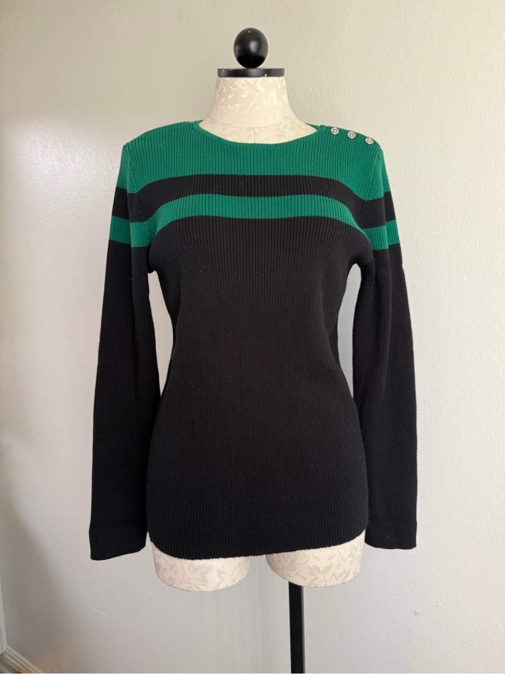 Lauren Ralph Lauren black and green striped ribbed knit sweater Large Cotton